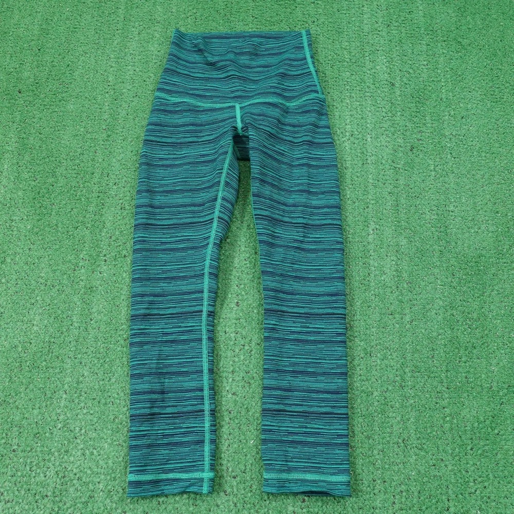 Lululemon Athletica‎ Leggings Girls Size 2 Green Striped Knit Ankle Yoga Running
